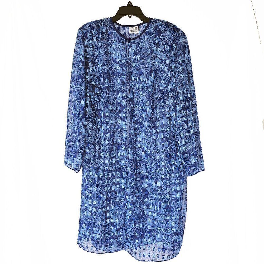 R & M Richards Karen Wong Blue18w Floral Sheer Long Cover Overlay Vintage